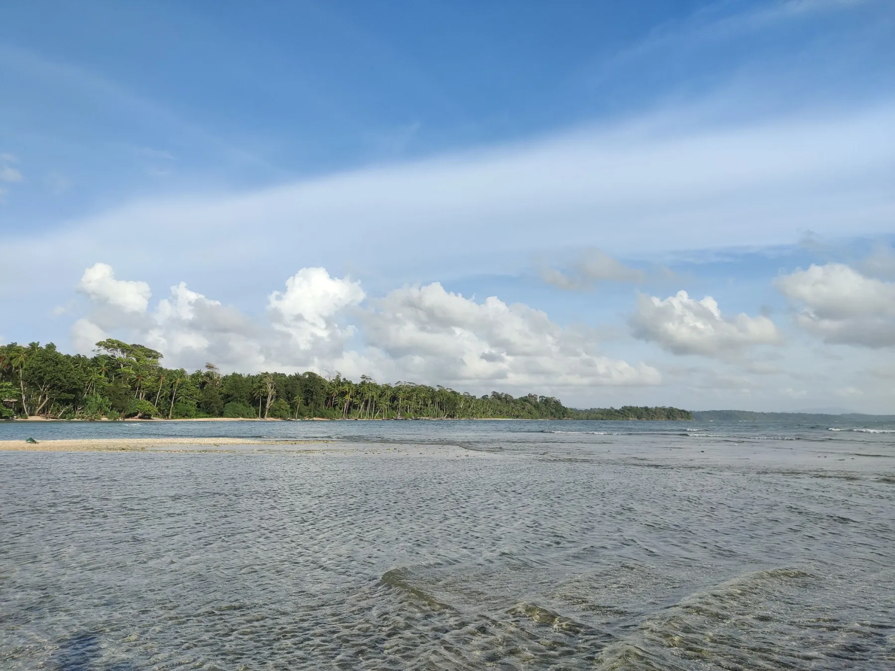 Tranquil beachfront landscape in Andaman with clear skies and lush greenery.