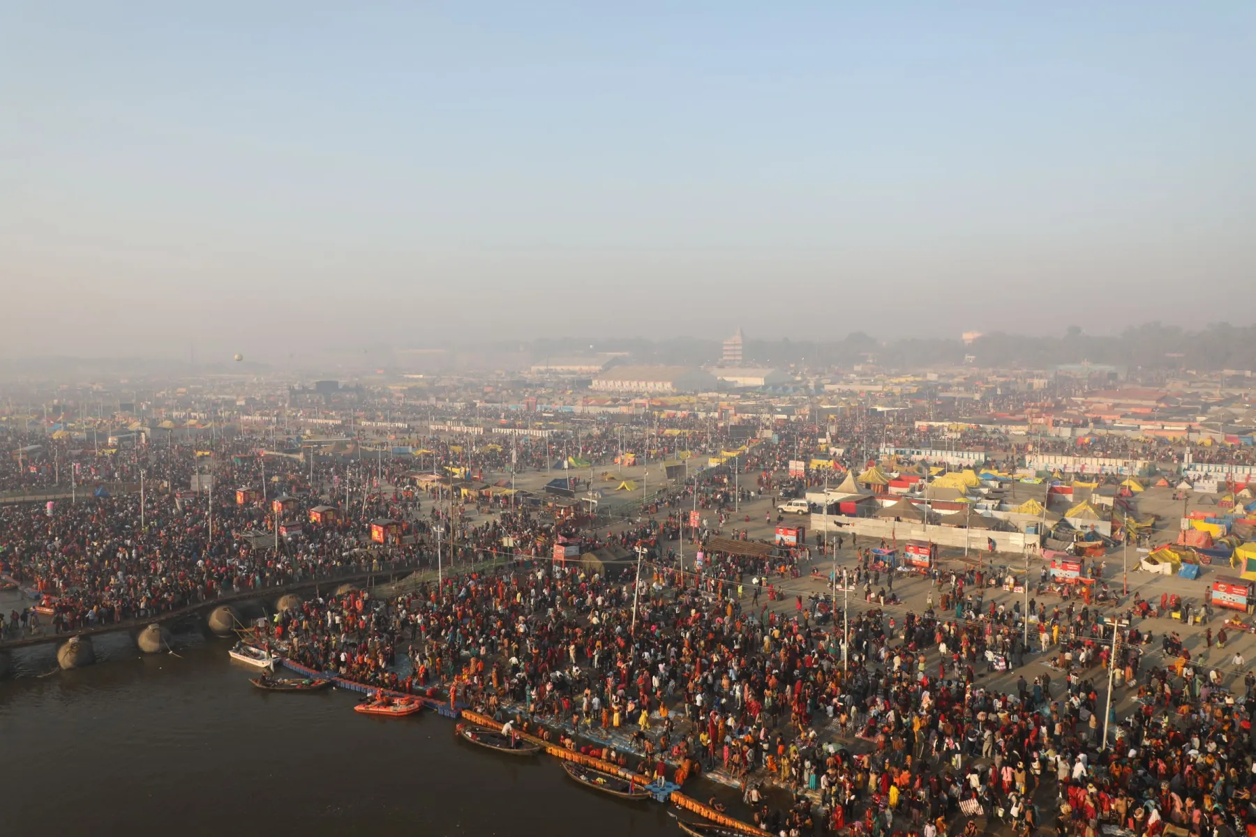 Crowds gather at the Mahakumbh Festival in Prayagraj, capturing the essence of cultural spirituality.