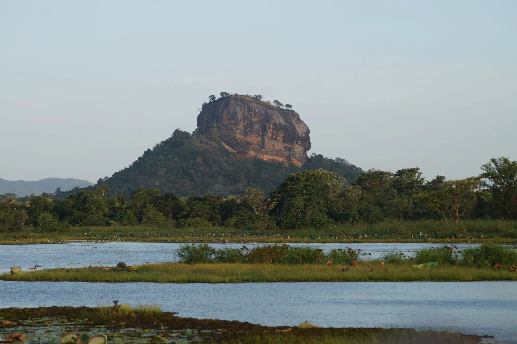 Scenic landscape of Sigiriya Rock Fortress surrounded by lush greenery and water in Sri Lanka.