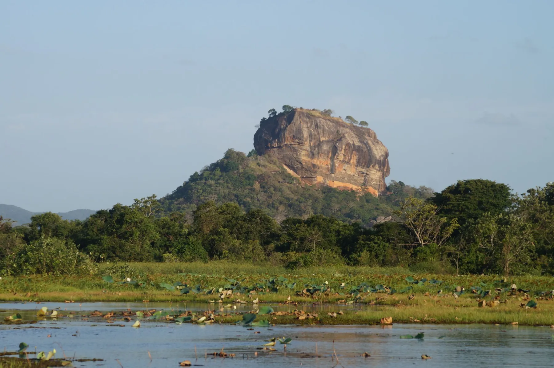 A captivating view of the iconic Sigiriya Rock Fortress surrounded by lush greenery and water.